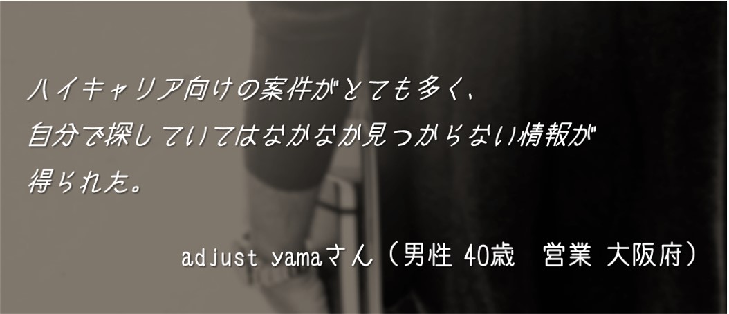 ハイキャリア向けの案件がとても多く、自分で探していてはなかなか見つからない情報が得られた。adjust yamaさん(男性 40歳 営業 大阪府)