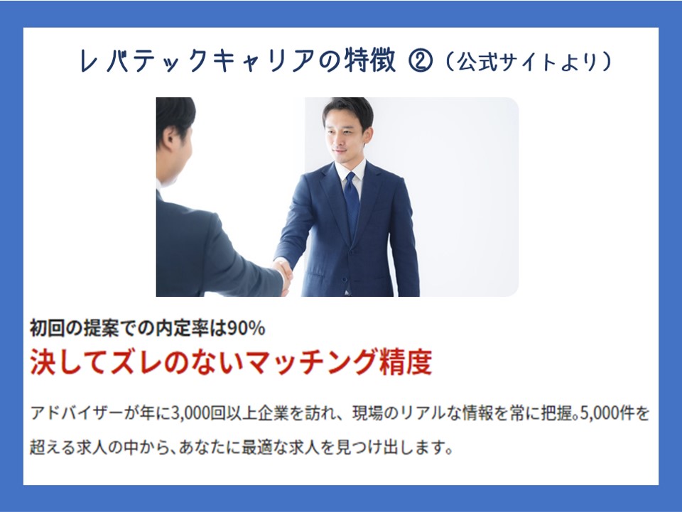 図参照:レバテックキャリアの特徴 ②(公式サイトより) 初回の提案での内定率は90% 【決してズレのないマッチング精度】 アドバイザーが年に3,000回以上企業を訪れ、現場のリアルな情報を常に把握。5,000件を超える求人の中から、あなたに最適な求人を見つけ出します。