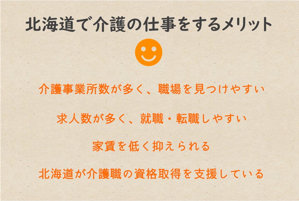 北海道で介護の仕事をするメリット,介護事業所数が訪問系・通所系・入所系サービスどれも多く、職場を見つけやすい
求人数・求人倍率ともにやや高く、就職・転職しやすい
家賃を低く抑えられる
北海道府が介護職の資格取得支援をしている