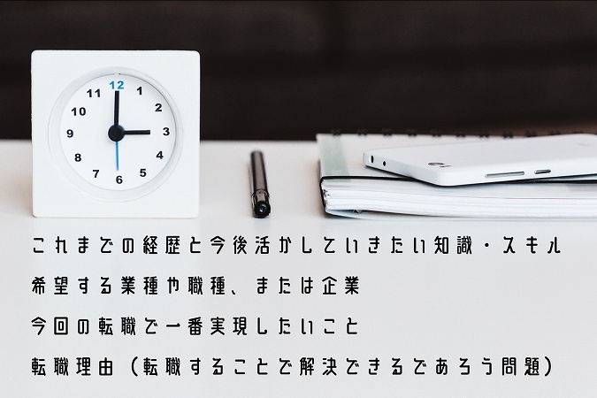 これまでの経歴と今後活かしていきたい知識・スキル希望する業種や職種、または企業今回の転職で一番実現したいこと転職理由(転職することで解決できるであろう問題)