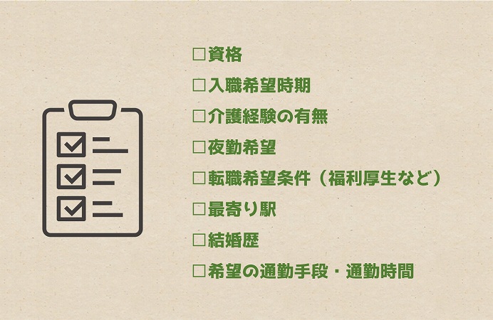 □資格□入職希望時期□介護経験の有無□夜勤希望□転職希望条件(福利厚生など)□最寄り駅□結婚歴□希望の通勤手段・通勤時間