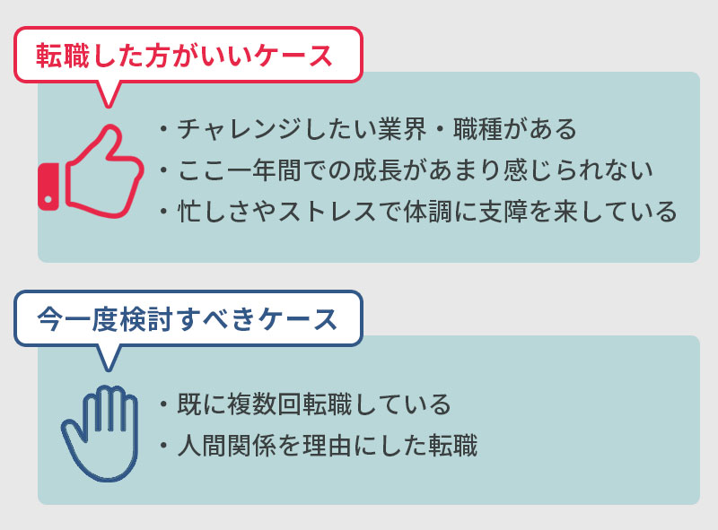 26歳で転職した方が良いケース:・チャレンジしたい業界・職種がある・ここ1年間での成長があまり感じられない・忙しさやストレスで体調に支障をきたしている。いったん再検討する方が良いケース:・既に複数回転職を繰り返している・「気の合わない上司がいる」などの人間関係を理由とした転職