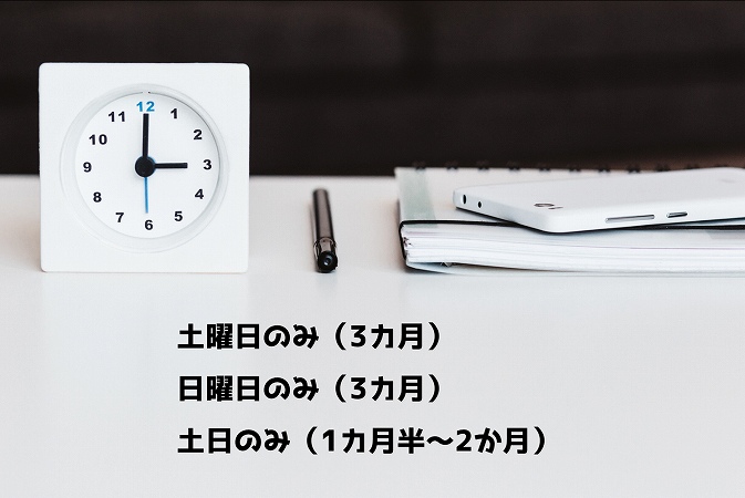 土曜日のみ(3カ月)日曜日のみ(3カ月)土日のみ(1カ月半~2か月)