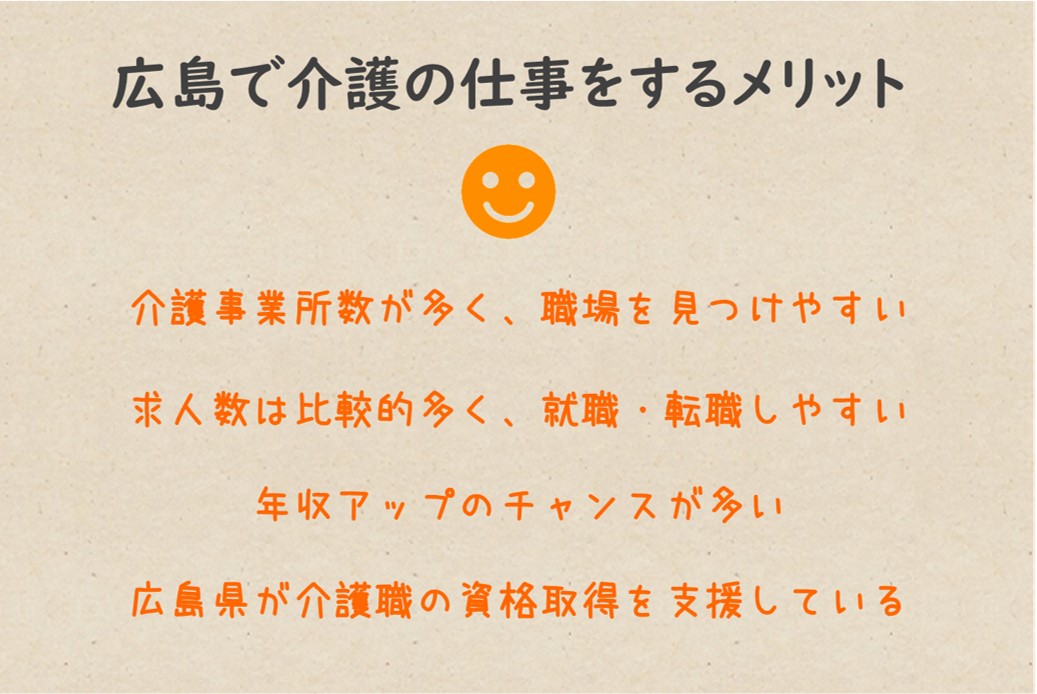 広島で介護の仕事をするメリット,介護事業所数が訪問系・通所系・入所系サービスどれも多く、職場を見つけやすい
求人数・求人倍率は他の産業と比べて高く、比較的就職・転職しやすい
年収アップのチャンスが多い
広島県が介護職の資格取得支援をしている