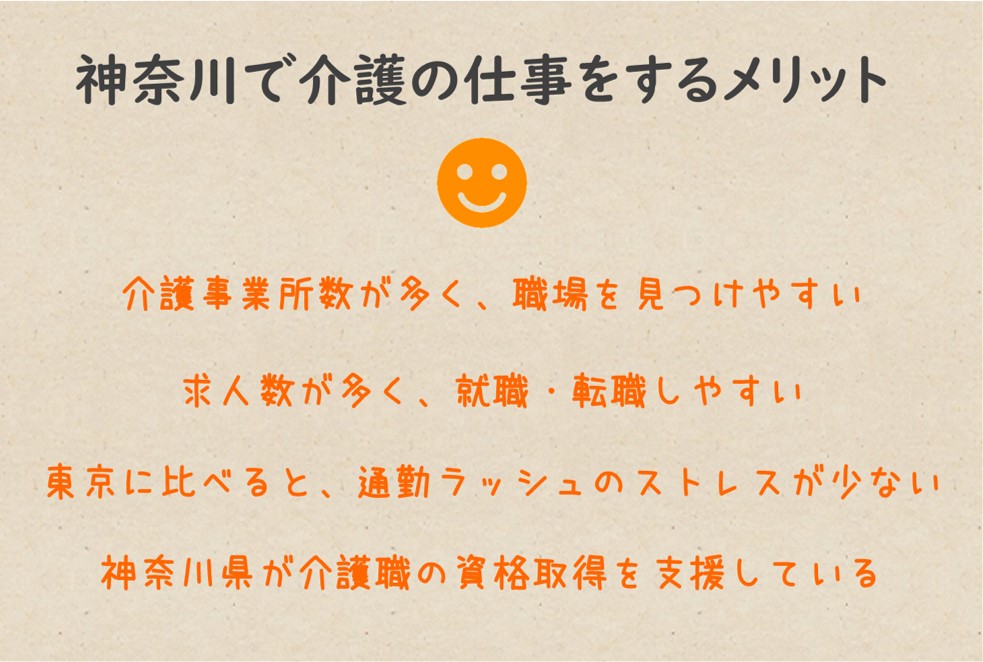 神奈川で介護の仕事をするメリット,介護事業所数が訪問系・通所系・入所系サービスどれも多く、職場を見つけやすい
求人数・求人倍率は全国平均と比べて高く、就職・転職しやすい
東京に比べると、通勤ラッシュのストレスが少ない
神奈川県が介護職の資格取得支援をしている