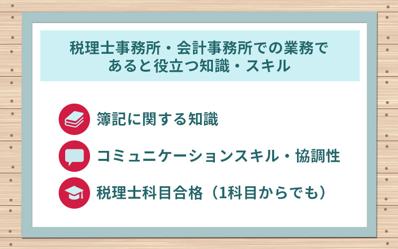 簿記に関する知識、コミュニケーションスキル・協調性、税理士科目合格(1科目からでも)