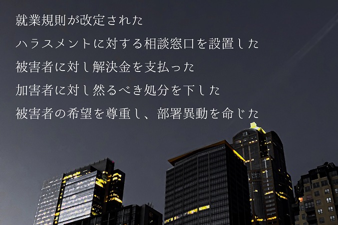 就業規則が改定されたハラスメントに対する相談窓口を設置した被害者に対し解決金を支払った加害者に対し然るべき処分を下した被害者の希望を尊重し、部署異動を命じた