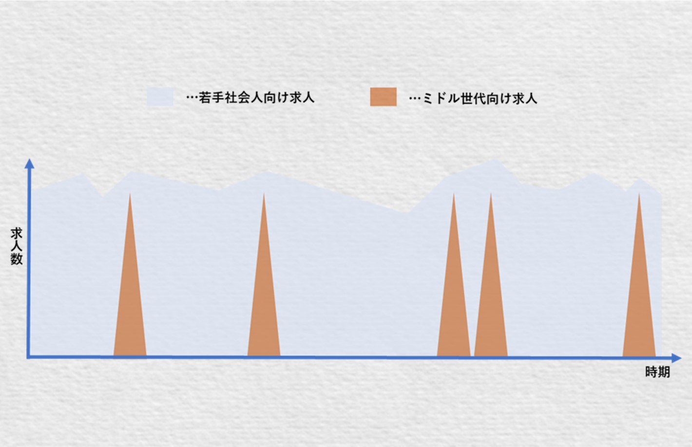 ミドル世代(40代向け)求人の発生イメージ …若手社員と比べて、ミドル社会人向けの求人は少ない。