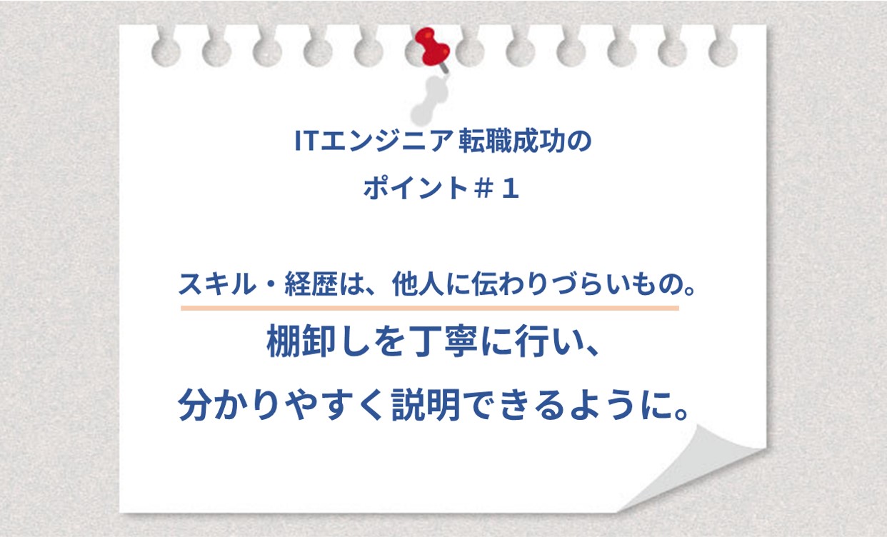 ITエンジニア 転職成功のポイント#1 スキル・経歴は、他人に伝わりづらいもの。棚卸しを丁寧に行い、分かりやすく説明できるように。