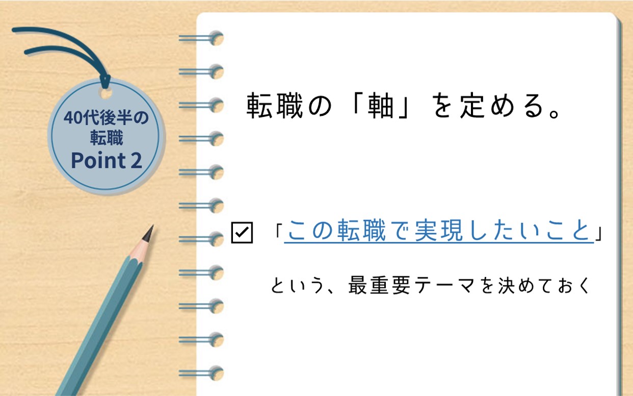 40代後半の転職 Point2 転職の「軸」を定める。 ☑ 「この転職で実現したいこと」という、最重要テーマを決めておく
