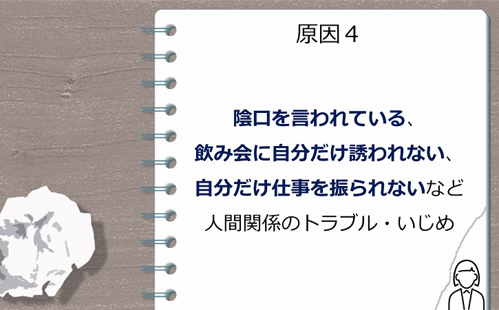 陰口を言われている、飲み会に自分だけ誘われない、自分だけ仕事を振られないなど人間関係のトラブル・いじめ
