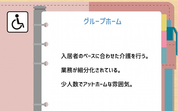 グループホーム 入居者のペースに合わせた介護を行う。業務が細分化されている。少人数でアットホームな雰囲気。