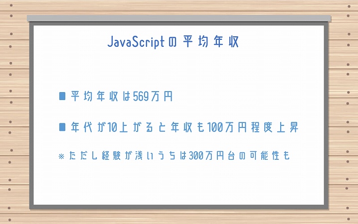 JavaScriptの平均年収 ■平均年収は569万円 ■年代が10上がると年収も100万円程度上昇 ※ただし経験が浅いうちは300万円台の可能性も