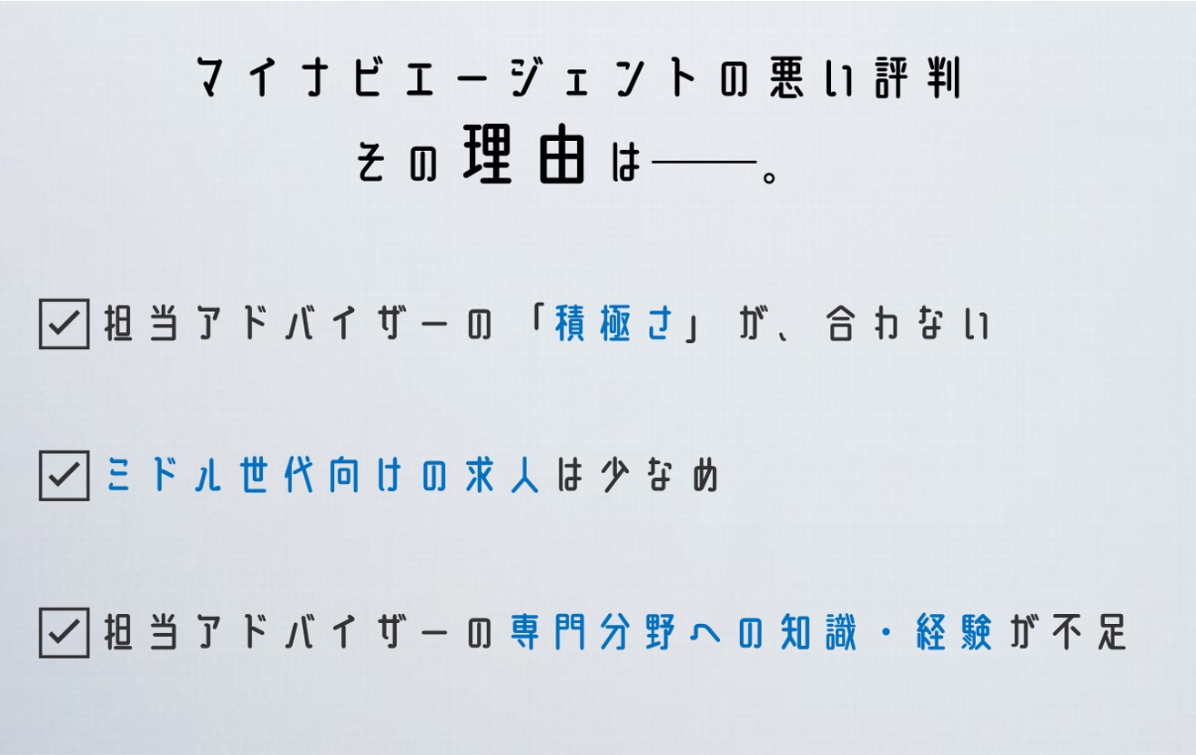 マイナビエージェントの悪い評判 その理由は──。 ☑担当アドバイザーの「積極さ」が、合わない ☑ミドル世代向けの求人は少なめ ☑担当アドバイザーの専門分野への知識・経験が不足