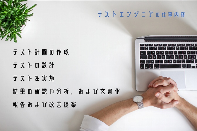 テストエンジニアの仕事内容。■テスト計画の作成 ■テストの設計 ■テストを実施 ■結果の確認や分析、および文書化 ■報告および改善提案