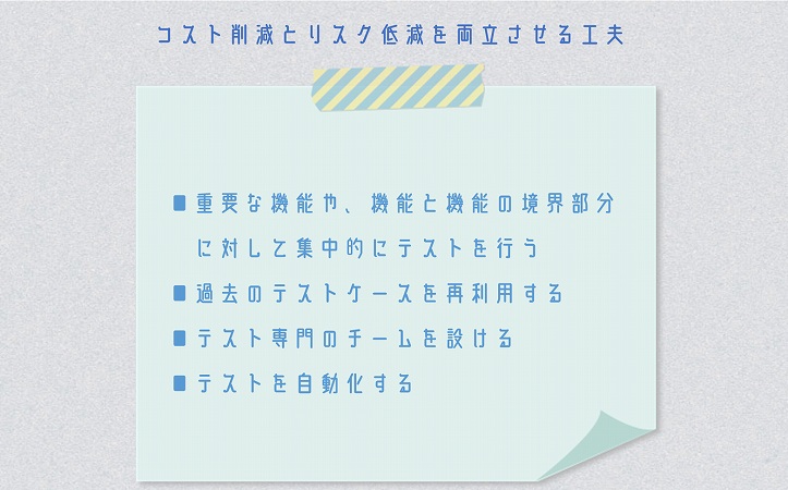 コスト削減とリスク低減を両立させる工夫 ■重要な機能や、機能と機能の境界部分に対して集中的にテストを行う ■過去のテストケースを再利用する ■テスト専門のチームを設ける ■テストを自動化する