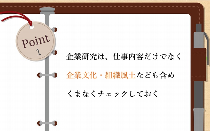 POINT1 企業研究は、仕事内容だけでなく企業文化・組織風土なども含めくまなくチェックしておく