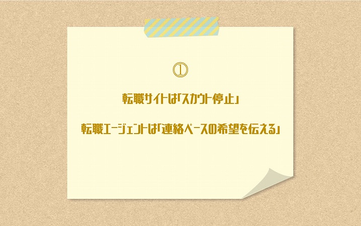 ⓵転職サイトは「スカウト停止」転職エージェントは「連絡ペースの希望を伝える」