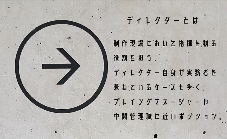 ディレクターとは 制作現場において指揮を執る役割を担う。ディレクター自身が実務者を兼ねているケースも多く、プレイングマネージャーや中間管理職に近いポジション。