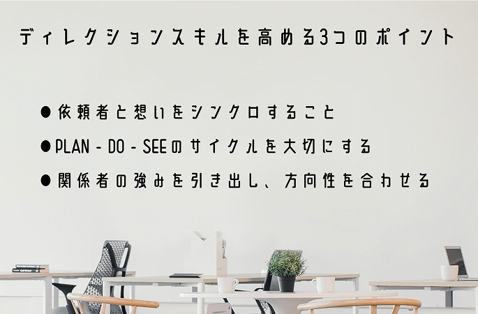 ディレクションスキルを高める3つのポイント ●依頼者と想いをシンクロすること ●PLAN - DO - SEEのサイクルを大切にする ●関係者の強みを引き出し、方向性を合わせる