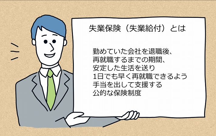 失業保険(失業給付)とは 勤めていた会社を退職後、再就職するまでの期間、安定した生活を送り1日でも早く再就職できるよう手当を出して支援する公的な保険制度