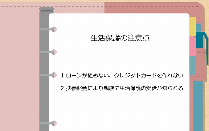 生活保護の注意点 1.ローンが組めない、クレジットカードを作れない 2.扶養照会により親族に生活保護の受給が知られる