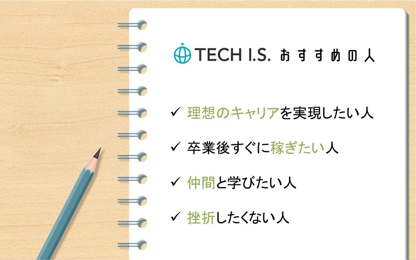 TECH I.Sこんな人におすすめ。理想のキャリアを実現したい人。卒業後すぐに稼ぎたい人。仲間と学びたい人。挫折したくない人。