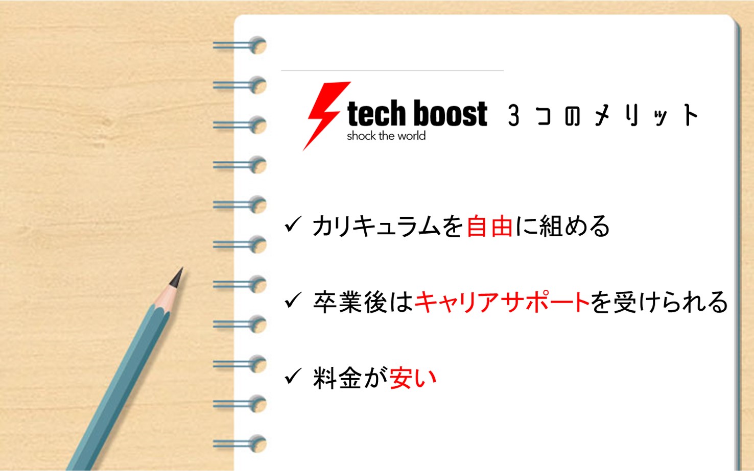 tech boostメリット。カリキュラムを自由に組める。卒業後はキャリアサポートを受けられる。料金が安い