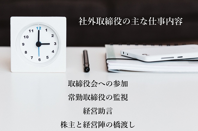 社外取締役の主な仕事内容 ■取締役会への参加 ■常勤取締役の監視 ■経営助言 ■株主と経営陣の橋渡し