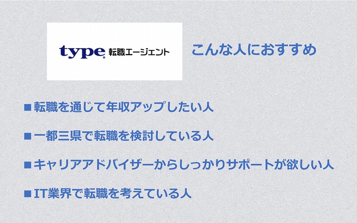 type転職エージェントこんな人におすすめ ■転職を通じて年収アップしたい人 ■一都三県で転職を検討している人 ■キャリアアドバイザーからしっかりサポートが欲しい人 ■IT業界で転職を考えている人