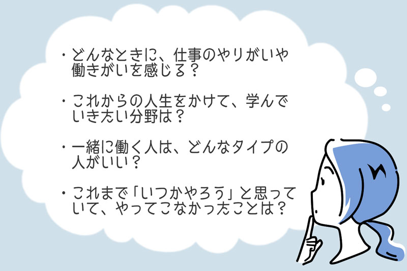 ・どんなときに、仕事のやりがいや働きがいを感じる?・これからの人生をかけて、学んでいきたい分野は?・一緒に働く人は、どんなタイプの人がいい?・これまで「いつかやろう」と思っていて、やってこなかったことは?