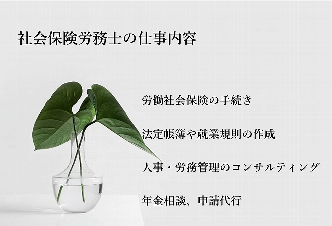 社会保険労務士の仕事内容 ■労働社会保険の手続き ■法定帳簿や就業規則の作成 ■人事・労務管理のコンサルティング ■年金相談、申請代行
