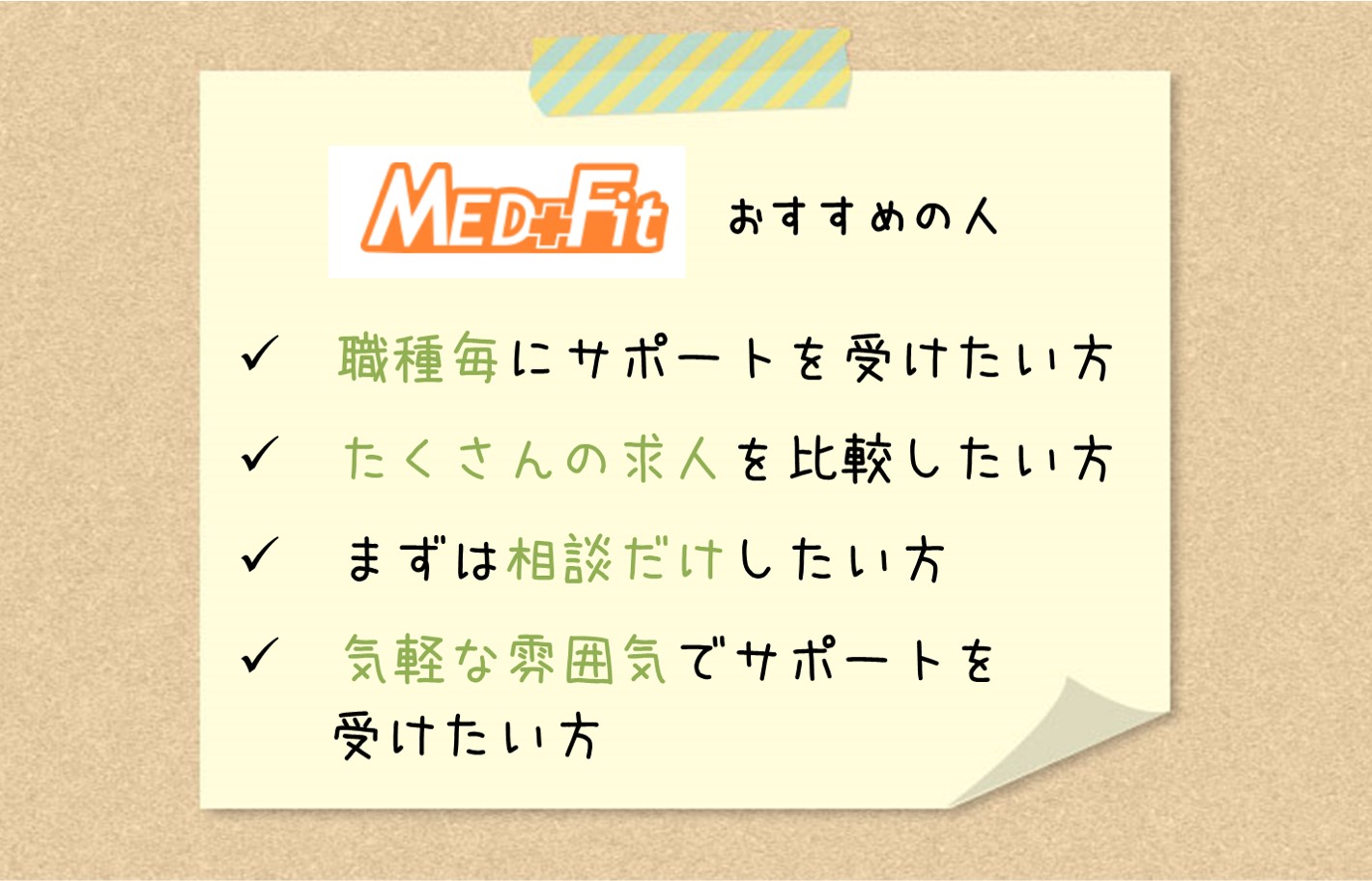 メドフィットおすすめの人。職種毎にサポートを受けたい方。たくさんの求人を比較したい方。まずは相談だけしたい方。気軽な雰囲気でサポートを受けたい方。
