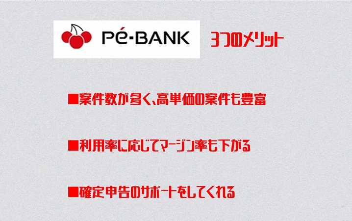 PE-BANK3つのメリット ■案件数が多く、高単価の案件も豊富 ■利用率に応じてマージン率も下がる ■確定申告のサポートをしてくれる