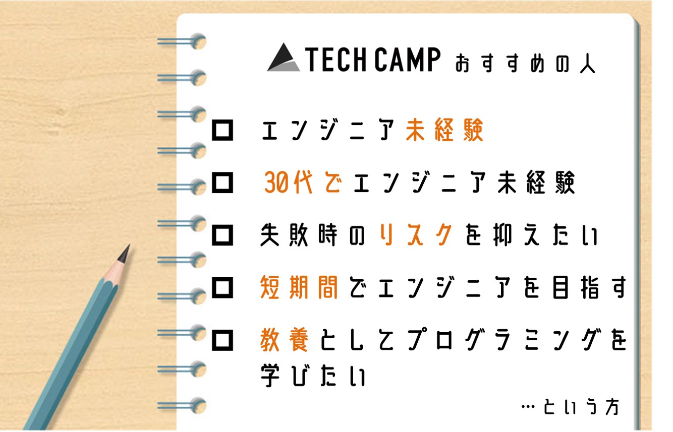 テックキャンプおすすめの人。■エンジニア未経験■30代でエンジニア未経験■失敗時のリスクを抑えたい■短期間でエンジニアを目指す■教養としてプログラミングを学びたい…という方