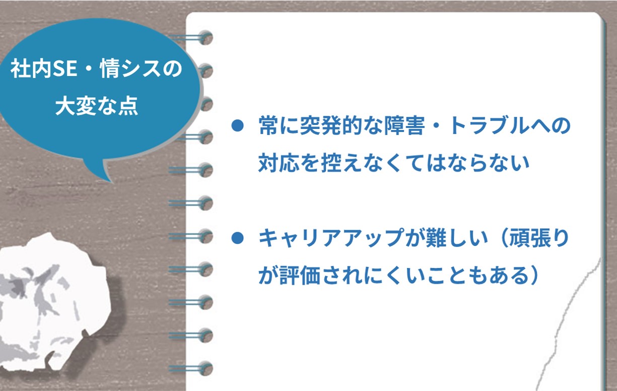 社内SE・情シスの大変な点 ●常に突発的な障害・トラブルへの対応を控えなくてはならない ●キャリアアップが難しい(頑張りが評価されにくいこともある)