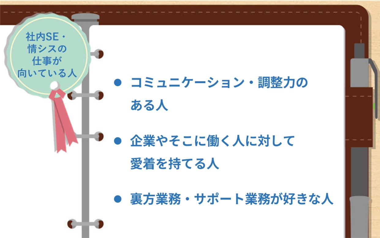 社内SE・情シスの仕事が向いている人 ●コミュニケーション・調整力のある人 ●企業やそこに働く人に対して愛着を持てる人 ●裏方業務・サポート業務が好きな人