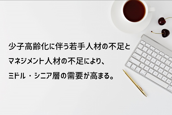少子高齢化に伴う若手人材の不足とマネジメント人材の不足により、ミドル・シニア層の需要が高まる。