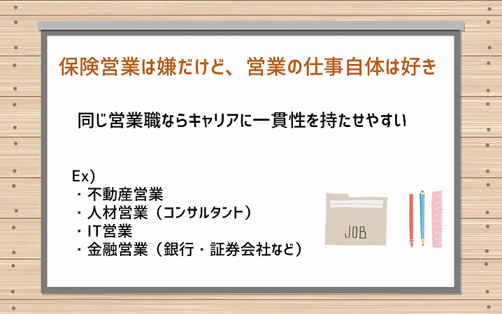 保険営業は嫌だけど、営業の仕事自体は好き。同じ営業職ならキャリアに一貫性を持たせやすい。Ex)・不動産営業 ・人材営業(コンサルタント) ・IT営業 ・金融営業(銀行・証券会社など)