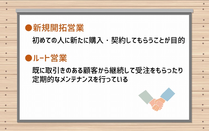 ●新規開拓営業:初めての人に新たに購入・契約してもらうことが目的。●ルート営業:既に取引のある顧客から継続して受注をもらったり定期的なメンテナンスを行っている