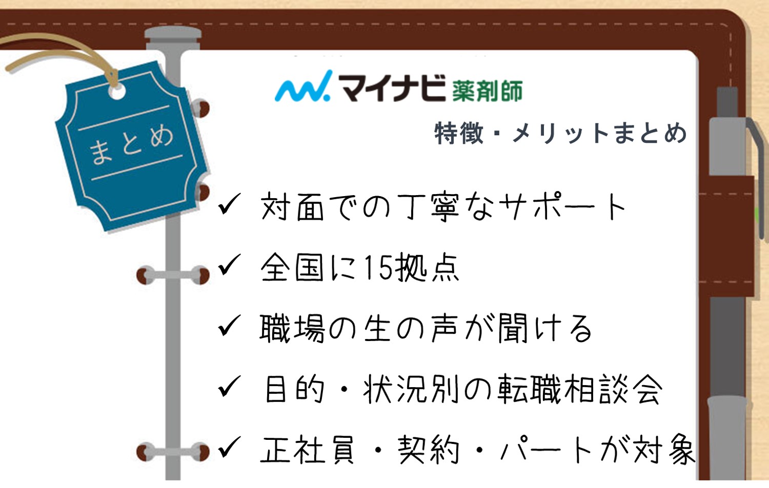 マイナビ薬剤師特徴・メリットまとめ■対面での丁寧なサポート■全国15拠点■職場の生の声が聞ける■目的・状況別に転職相談会を実施■正社員・契約社員・パートが対象