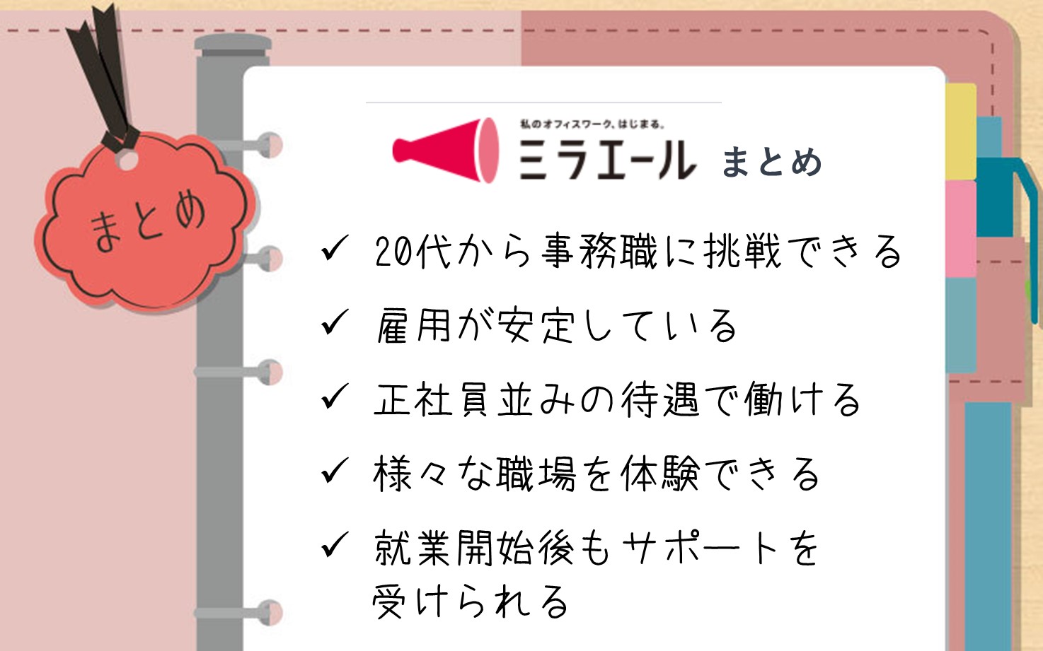 ミラエールまとめ■20代から事務職に緒戦できる■雇用が安定している■正社員並みの待遇で働ける■様々な職場を体験できる■就業開始後もサポートを受けられる