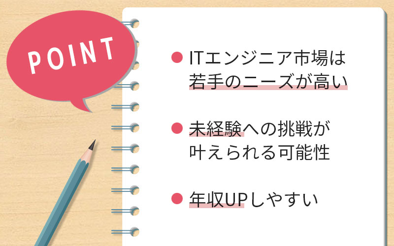 ・ITエンジニアは慢性的な人手不足・未経験への挑戦が叶えられる可能性・年収アップしやすい