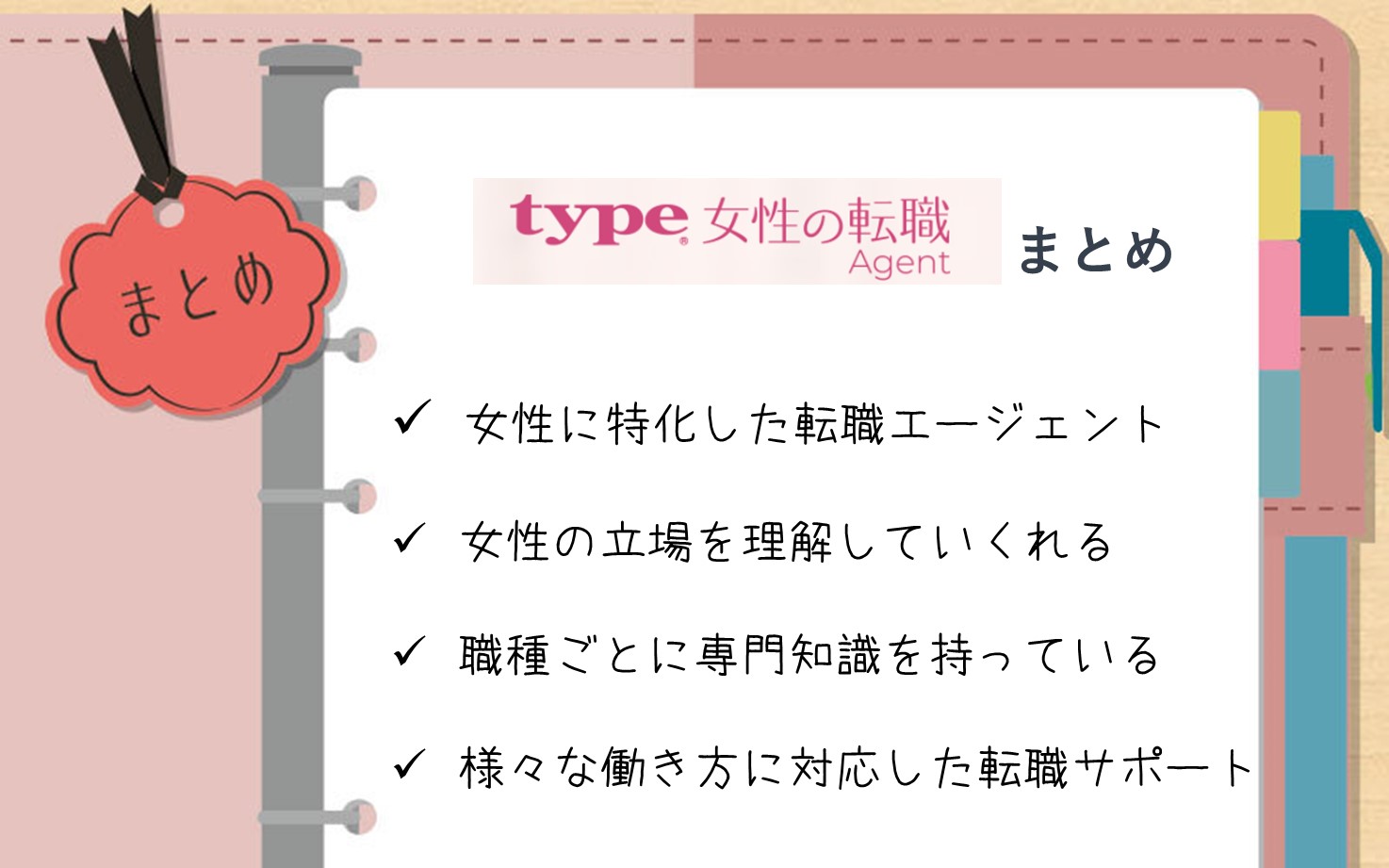 type女性の転職エージェントまとめ。■女性に特化した転職エージェント■女性の立場を理解していくれる■職種ごとに専門知識を持っている■様々な働き方に対応した転職サポート