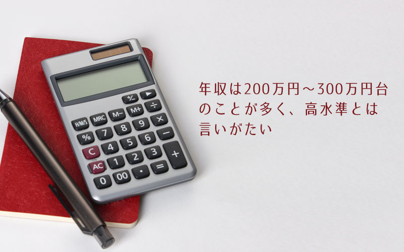 年収は200万円~300万円台のことが多く、高水準とは言いがたい