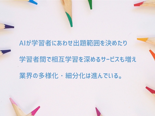 AIが学習者にあわせ出題範囲を決めたり学習者間で相互学習を深めるサービスも増え業界の多様化・細分化は進んでいる。