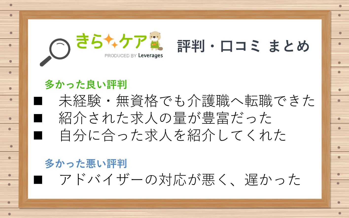 きらケアの口コミまとめ。多かった良い評判■未経験・無資格でも介護職へ転職できた■紹介された求人の量が豊富だった■自分に合った求人を紹介してくれた。多かった悪い評判■アドバイザーの対応が悪く、遅かった