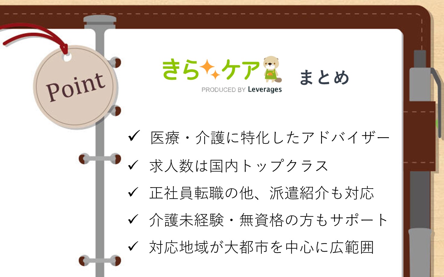 きらケアまとめ■医療・介護に特化したアドバイザー■求人数は国内トップクラス■正社員転職の他、派遣紹介も対応■介護未経験・無資格の方もサポート■対応地域が大都市を中心に広範囲