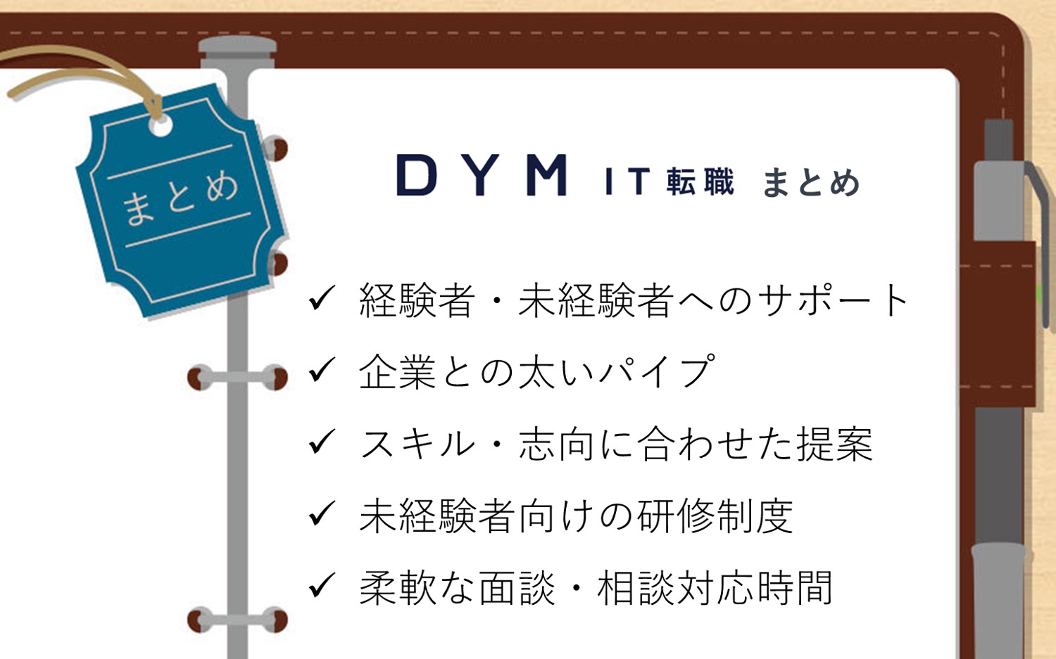DYM IT転職 特徴・評判・メリット・デメリット まとめ■ITエンジニア経験者・未経験者それぞれに向けて適切なサポートと求人紹介を行っている■幅広い事業展開をバックに、企業との太いパイプがある■エンジニアのキャリアアップ・キャリアチェンジの提案も積極的に行ってくれる■エンジニア未経験者向けの研修制度がある■オンライン対応完備!平日22時まで受け付け&土日も面談可能