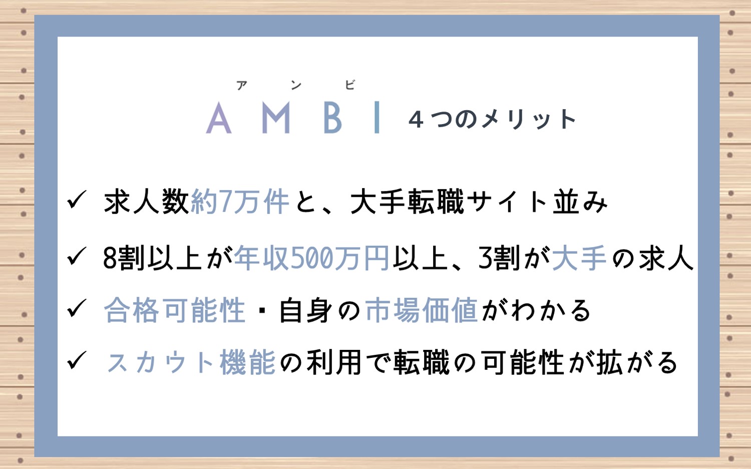 アンビ3つのメリット ■求人数は約7万件と、大手転職サイト並みの豊富な求人数■8割以上が年収500万以上、3割が大手企業の求人■応募企業の合格可能性・自身の市場価値がわかる■スカウト機能を使うことで、転職の可能性が拡がる